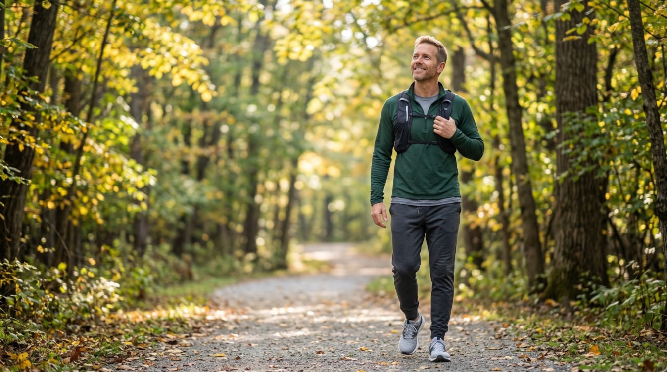 Healthy man breathing easily outdoors in fresh air, feeling well and refreshed