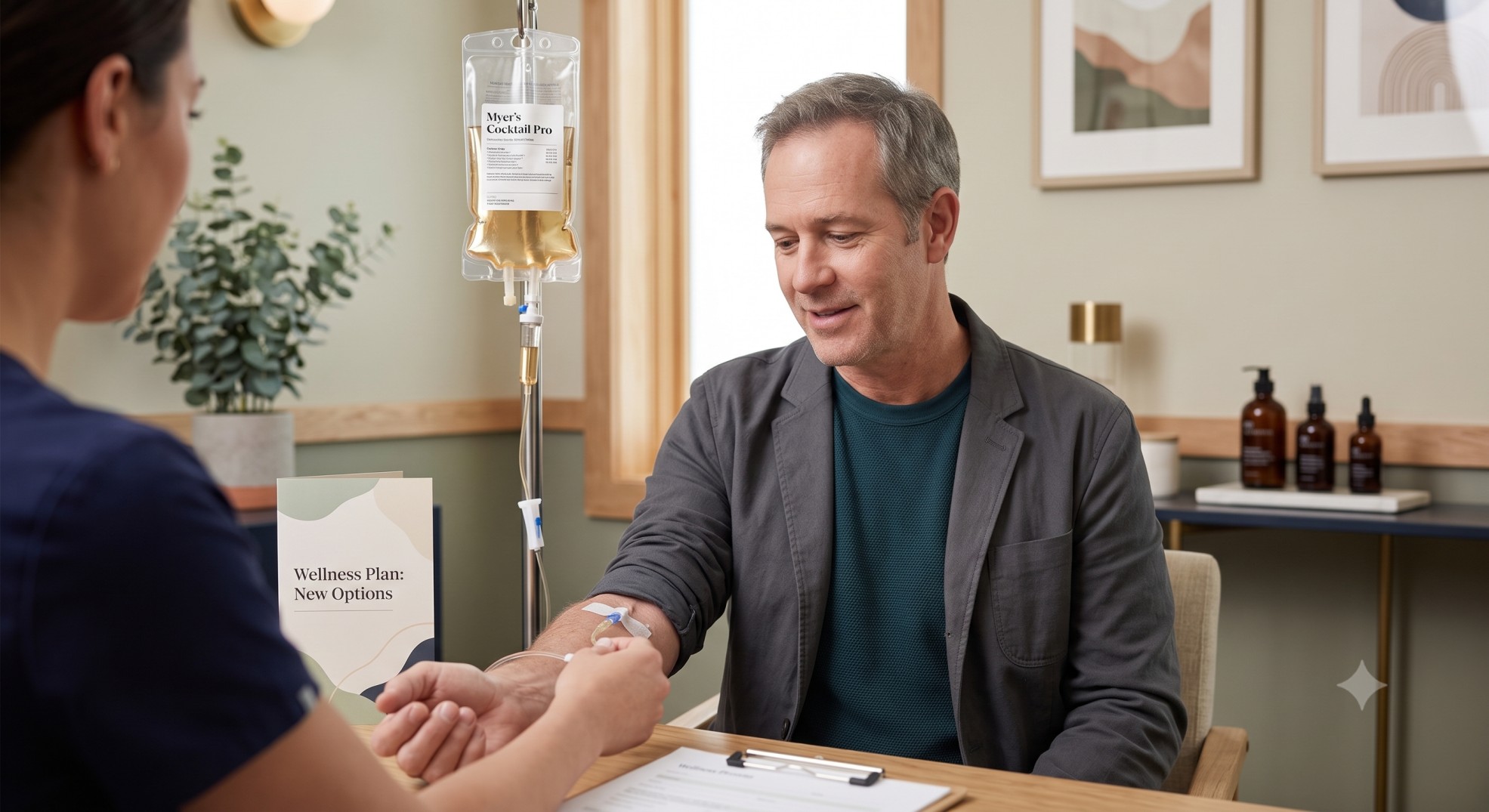 IV nutrition and hydration drip in a bright clinic