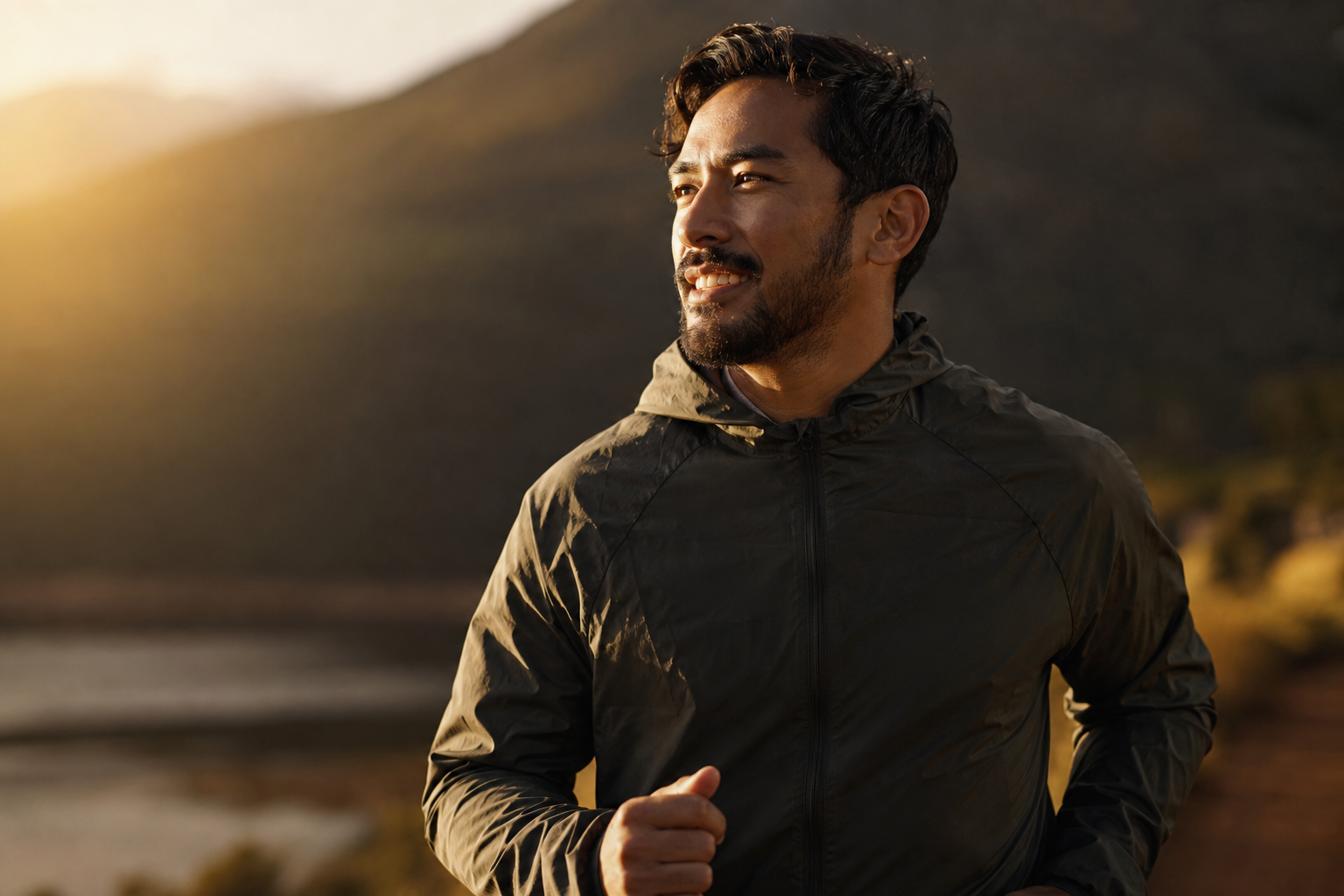 Energized man starting his day outdoors in morning light, energy support