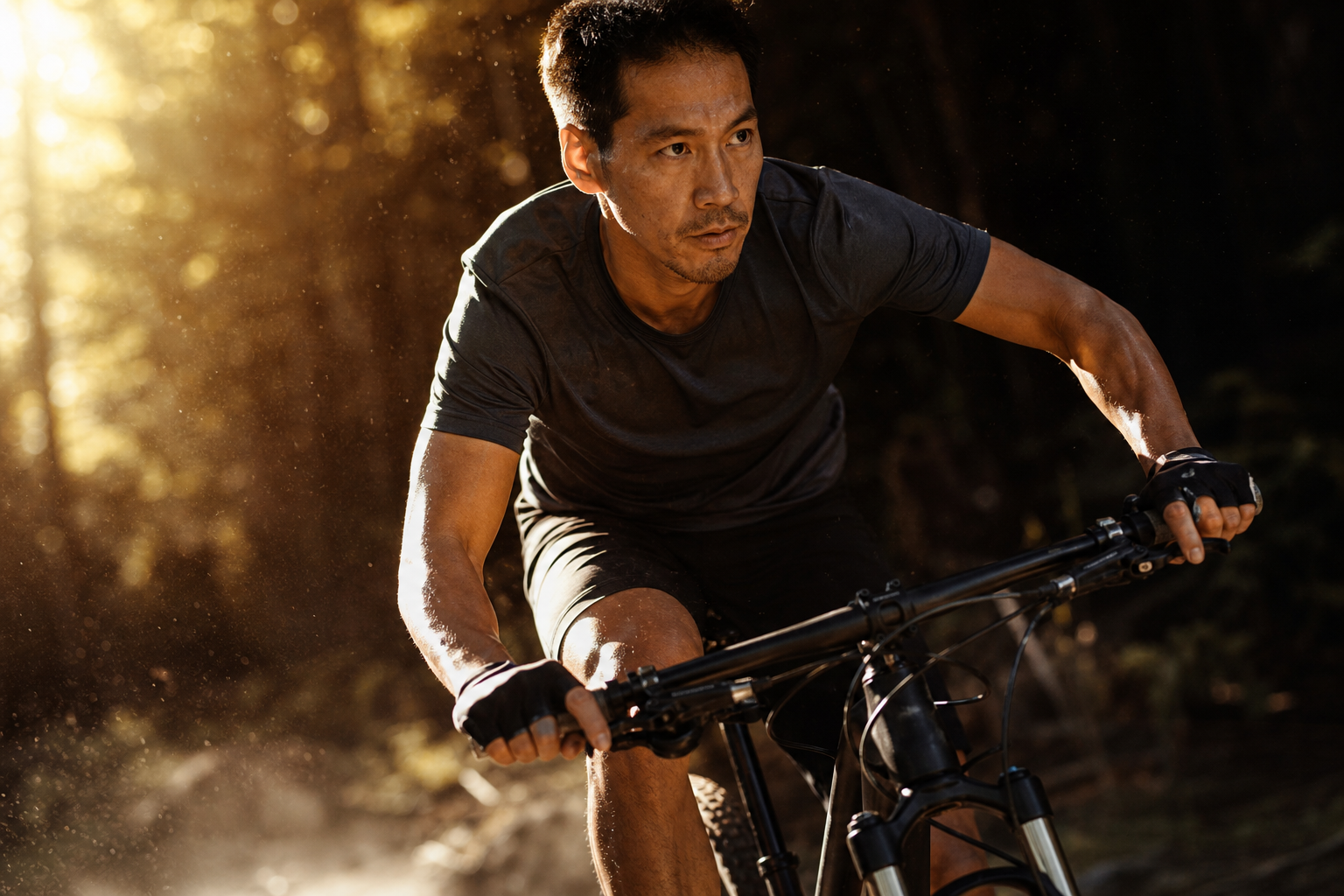 Fit man cycling a trail outdoors, fat burning and active metabolism