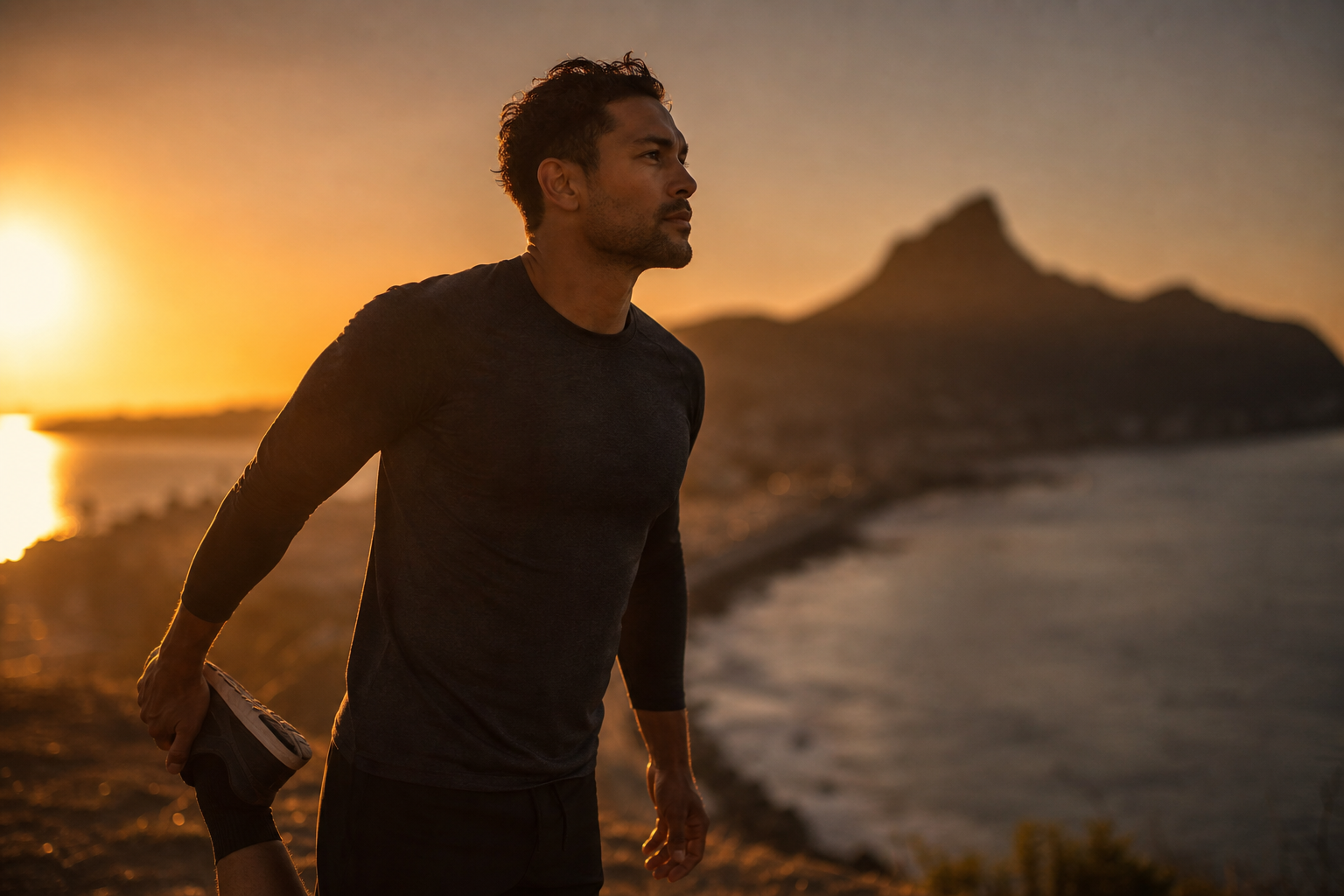 Athletic man stretching outdoors at sunrise, restored energy and vitality