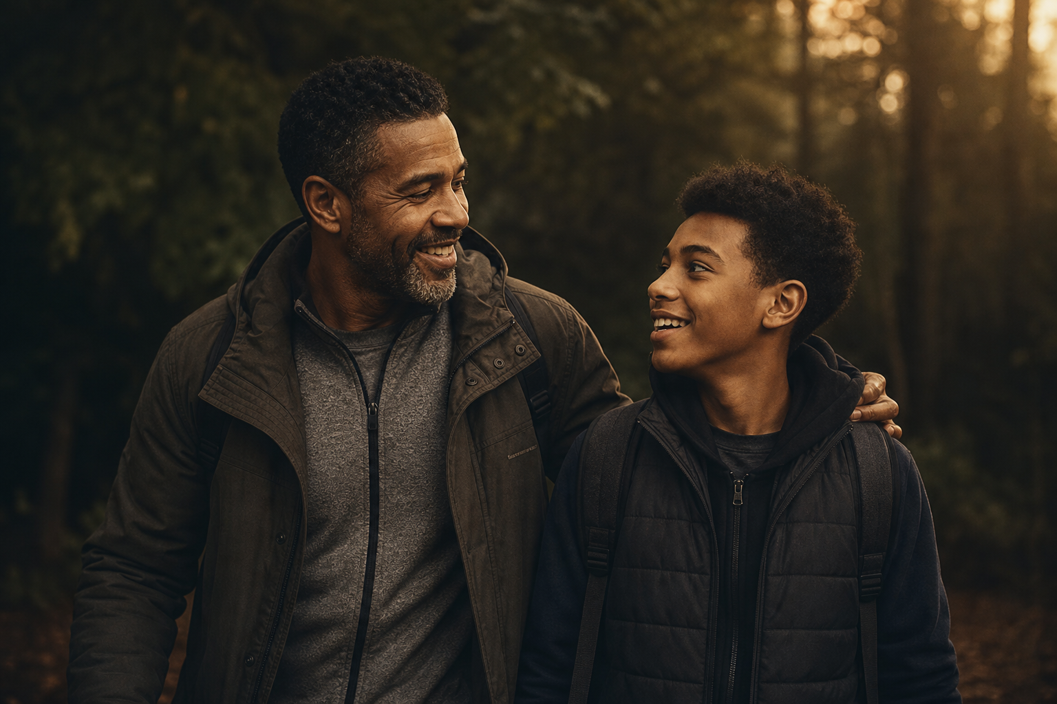 Healthy father and son walking together outdoors, fatherhood and healthy aging