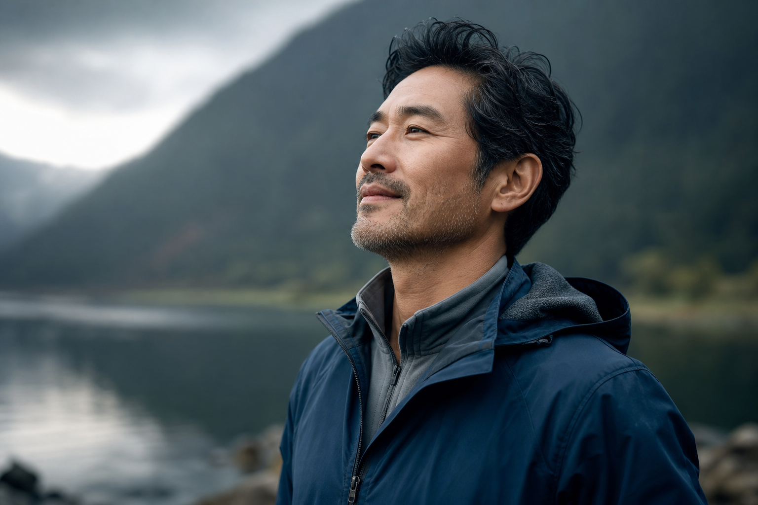 Healthy man breathing easily outdoors in fresh air, feeling well and refreshed